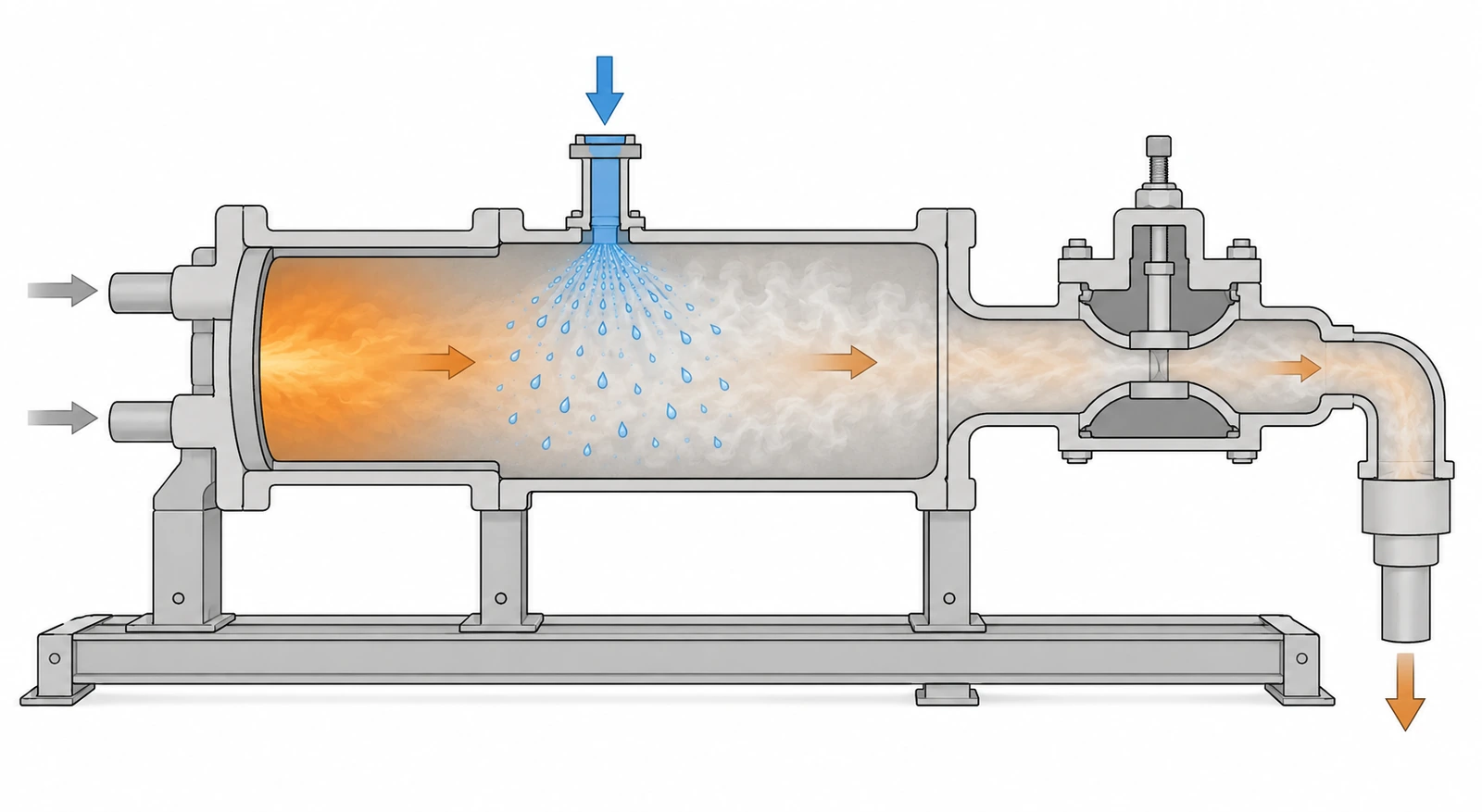 Water is injected directly into the combustion environment to produce a heat-transfer medium combining steam and combustion gases, which is supplied at a controlled pressure from modular equipment.