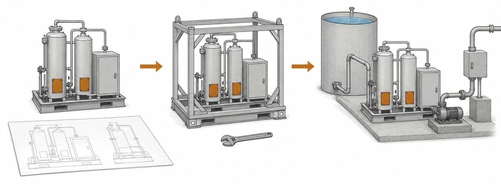 Conceptual diagram linking fabrication of designed modules to application at actual industrial sites