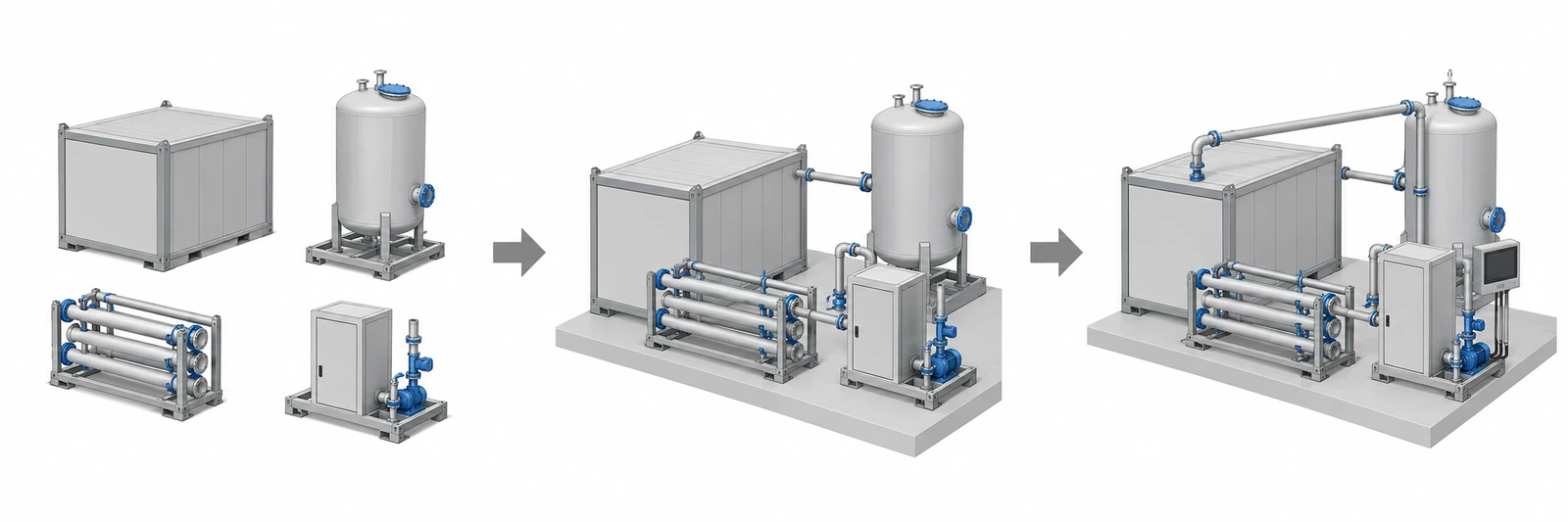 Unit processes are fabricated as modules, connected on site, and operated as an integrated process. The illustration is a conceptual diagram of module assembly.